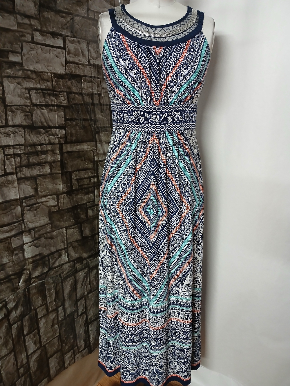 Navy Patterned Maxi Dress with Aqua and Coral Accents